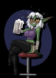 a cartoon character sitting on top of a stool holding a glass of beer in her hand