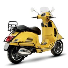 a yellow scooter is parked on a white background with no people around it