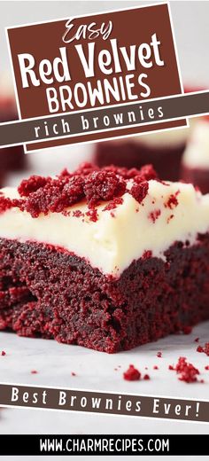 red velvet brownies with white frosting on top