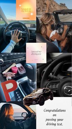 the interior of a car is shown with photos and text on it, along with an image of a woman driving