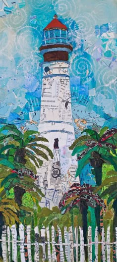 a painting of a lighthouse surrounded by palm trees