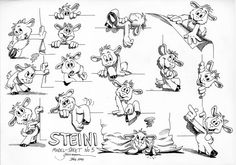 an old cartoon character sheet with various poses and expressions