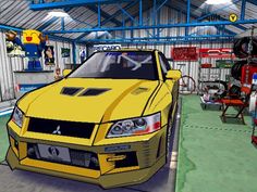 a yellow car is parked in a garage