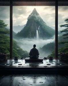 a man sitting in front of a window looking out at a mountain with a waterfall