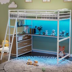 there is a bunk bed with a desk underneath it and toys on the floor next to it