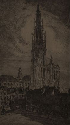 an old drawing of a large building in the middle of a city with tall spires