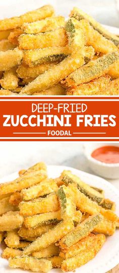 deep fried zucchini fries on a white plate with ketchup in the background