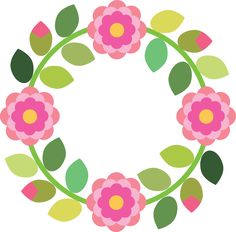 a flower wreath with leaves and flowers on the center, in green and pink colors