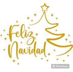 a christmas tree with the words feliz navidad written in gold ink