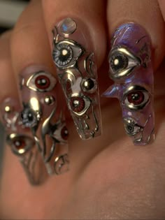 Centipede Nail Art, Whimsy Goth Nails, Nails With Eyes, Alt Nails Acrylics, Eyeball Nails, Pierced Nails