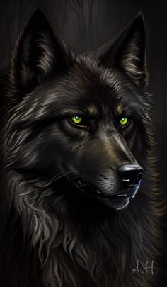 a black wolf with green eyes is shown in this digital art painting style photo by artist mark