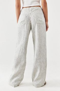 Pinstripe-topped straight-leg pants by BDG, a breezy linen style for easy warm-weather wear. Cut to a low-rise waist with a drawstring fastening, belt loops, five-pocket styling and a loose fit through the leg. Exclusive to Urban Outfitters. Content + Care 100% Linen Machine wash Imported Size + Fit Model is 171cm/5'7.5" and wearing size Small Inseam: 80cm Leg opening: 26cm Measurements taken from a size Small Use our size guide to check how this product fits | BDG White Pinstripe Five-Pocket Linen Pant in White, Women's at Urban Outfitters Bday Wishes, White Pant, Linen Pant, Cotton Linen Pants, Pinstripe Pants, Weather Wear, Linen Style, Pants Design, Drawstring Pants