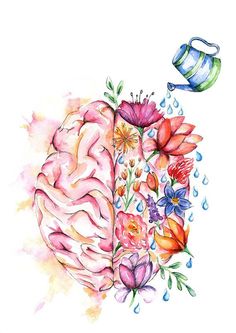 a watercolor drawing of a brain with flowers and watering can in the air next to it