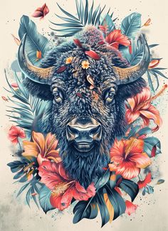 the bison is surrounded by flowers and leaves