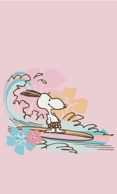 a cartoon character riding a surfboard on top of a body of water with flowers in the background