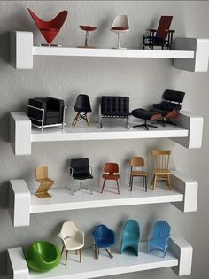 shelves with chairs and other furniture on them