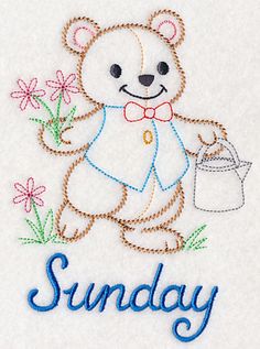 a teddy bear holding a bucket with the word sunday written on it in blue ink