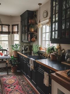 a kitchen filled with lots of green plants and potted plants on top of black cabinets