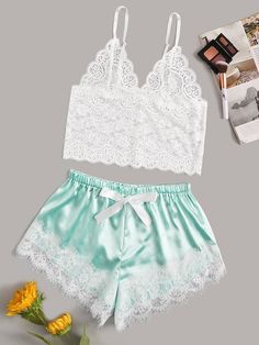 Floral Lace Bralette With Satin Shorts [swsexy03190520013] - $10.50 : ladydressy.com Lace Cami Top, Top And Pants Set, Bra And Panty Sets, Sports Illustrated, Lingerie Collection, Bra Set, Catsuit