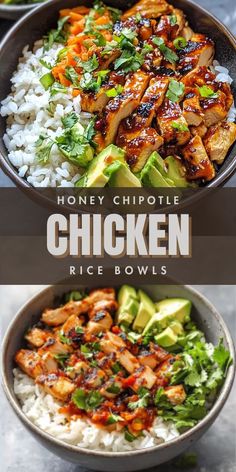 chicken rice bowls with broccoli, carrots and avocado in them