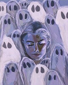 a painting of a woman surrounded by ghost like heads with eyes and nose shapes on her face