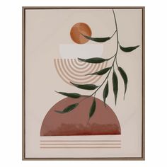 a painting with green leaves on it and an orange in the center, against a white background