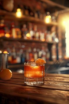 an old fashioned cocktail sits on the bar