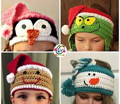 four pictures of children wearing crocheted hats with penguins and snowmen on them