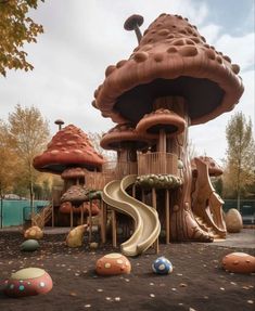 a playground with lots of fake mushrooms and slides