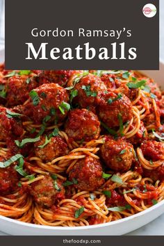 a white bowl filled with spaghetti and meatballs covered in marinara sauce, garnished with parsley