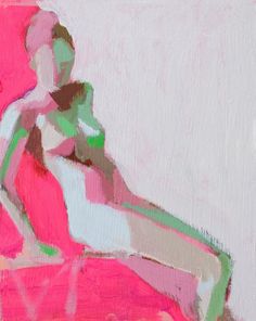 an abstract painting of a woman sitting on a pink chair