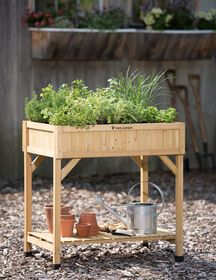 a wooden planter filled with plants on top of gravel next to potted plants