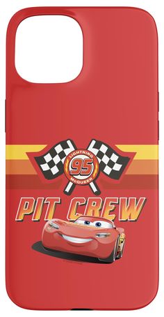 a red phone case with cars on it and the words,'pit crew '