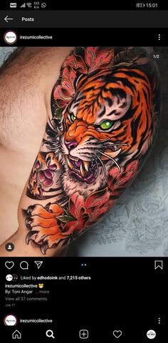 a man with a tiger tattoo on his arm and chest, showing it's green eyes