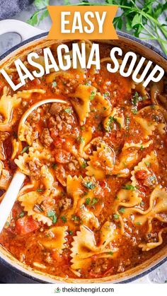 image: lasagna soup in Dutch oven with white ladle. Text overlay: Easy Lasagna Soup Easy Lasagna Soup Recipe Simple, Lasagna Soup With Sausage, Lasagna Soup With Beef, Lasagna Soup With Hamburger, Lasagne Soup Recipe Easy, Lagsana Soup Recipe Easy Crockpot, Soup Cozy, Lasagna Soup Recipes Easy, Lasagna Soup Crockpot Healthy