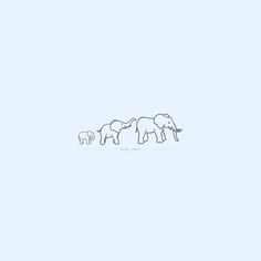 three elephants are walking in the same direction on a light blue background with white lettering