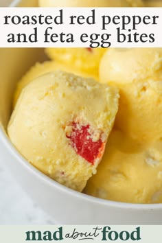 two scoops of red pepper and feta egg bites in a white bowl with text overlay