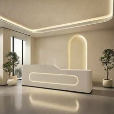 a white bed sitting in the middle of a room with potted plants on either side