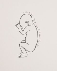 a black and white drawing of a baby sitting on its back with his hands in the air