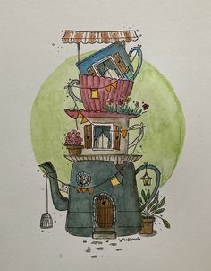 a drawing of a house on top of a teapot with flowers in the pot