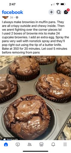 a close up of chocolate muffins in a cupcake pan on a counter