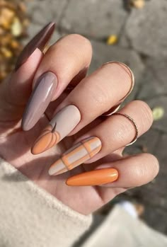 fall pumpkin plaid nail design. october halloween nails nude. Pastel Fall Nails, Football Nail Ideas, Pumpkin Nails Fall, Pumpkin Spice Nails, Mickey Nails, Orange Nail Designs, Nail Goals, Pumpkin Nails, October Nails