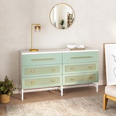 Modern 6 Drawer Dresser White Dresser Aesthetic Bedroom, Bedroom Dresser Vanity, Bedroom Dresser Colors, Bedroom Green Dresser, White And Green Dresser, Trendy Dressers, Room Dresser Ideas, Green Dresser Bedroom, 6 Drawer Dresser Makeover