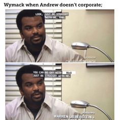 a man sitting in front of a computer monitor with the caption, wymack when andrew doesn't corporate