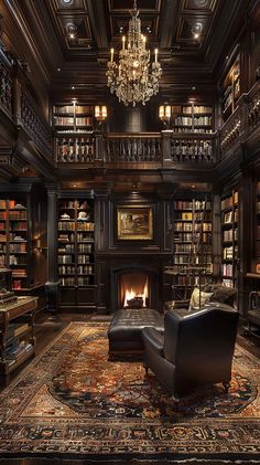 a living room filled with furniture and a fire place under a chandelier in front of a bookshelf