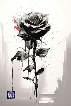 a black and white painting of a rose with drops of paint on it's petals