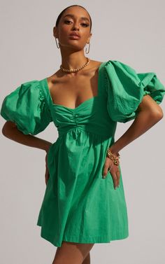 Vashti Mini Dress - Puff Sleeve Sweetheart Dress in Green | Showpo USA Puffy Sleeves Dress, Short Green Dress, Dark Green Dress, Princess Skirt, Green Mini Dress, Sweetheart Dress, Brunch Outfit, U Neck, Everyday Dresses