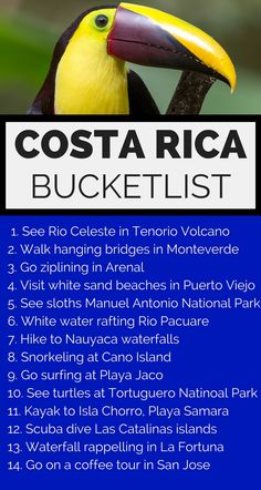 the costa rica bucket list is shown in blue