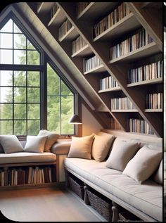 two pictures of a living room with bookshelves and couches