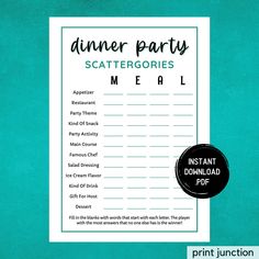 the dinner party scatterer game is shown on a teal background with black and white